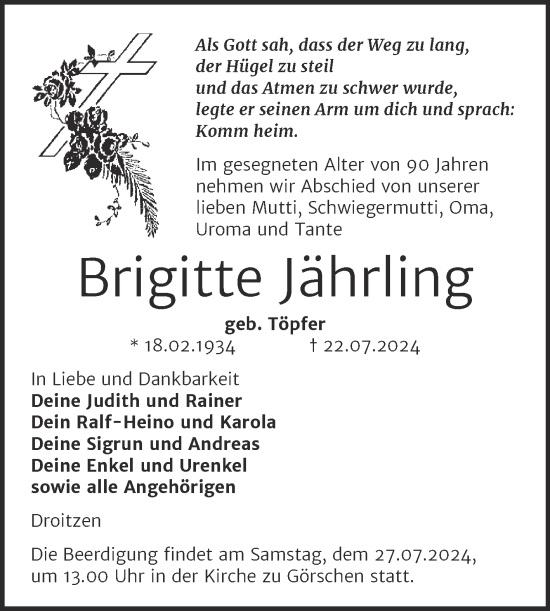 Traueranzeige von Brigitte Jährling von Naumburger Tageblatt