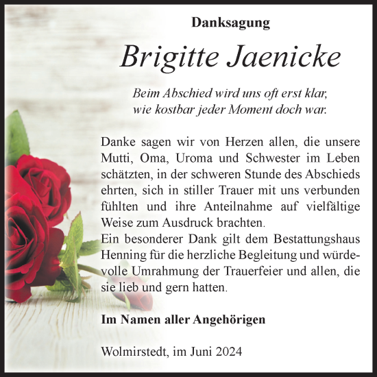 Traueranzeige von Brigitte Jaenicke von Volksstimme Haldensleben/Wolmirstedt