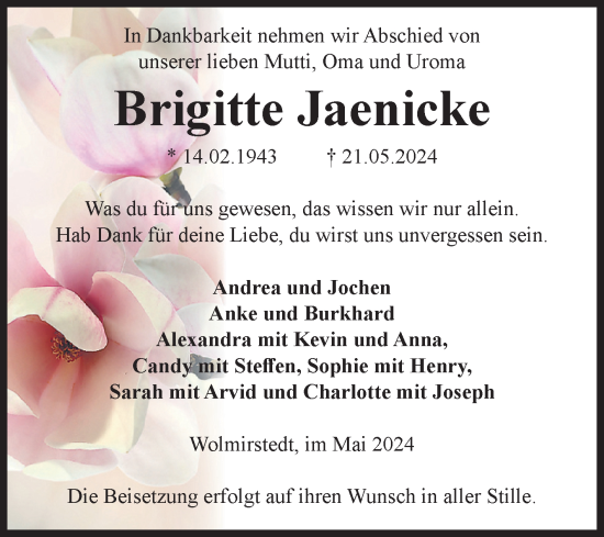 Traueranzeige von Brigitte Jaenicke von Volksstimme Haldensleben/Wolmirstedt