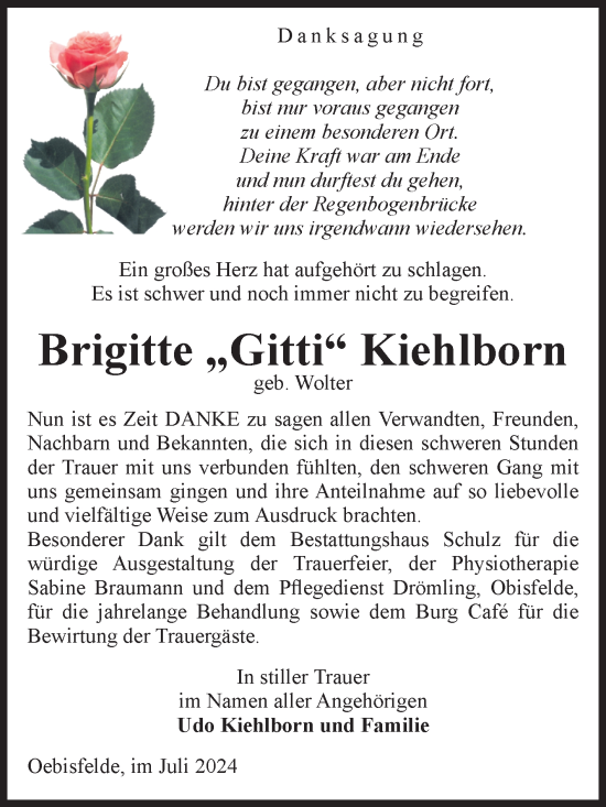 Traueranzeige von Brigitte Kiehlborn von Volksstimme Altmark West