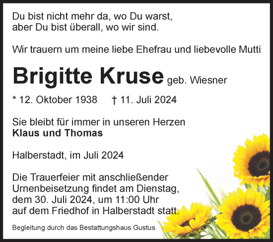 Traueranzeige von Brigitte Kruse von Volksstimme Halberstadt
