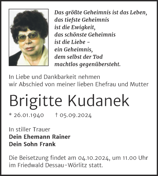 Traueranzeige von Brigitte Kudanek von Trauerkombi Wittenberg