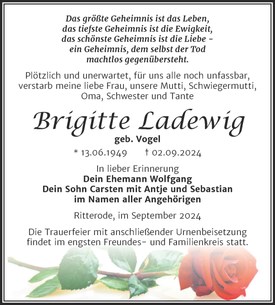 Traueranzeige von Brigitte Ladewig von Trauerkombi Mansfelder Land
