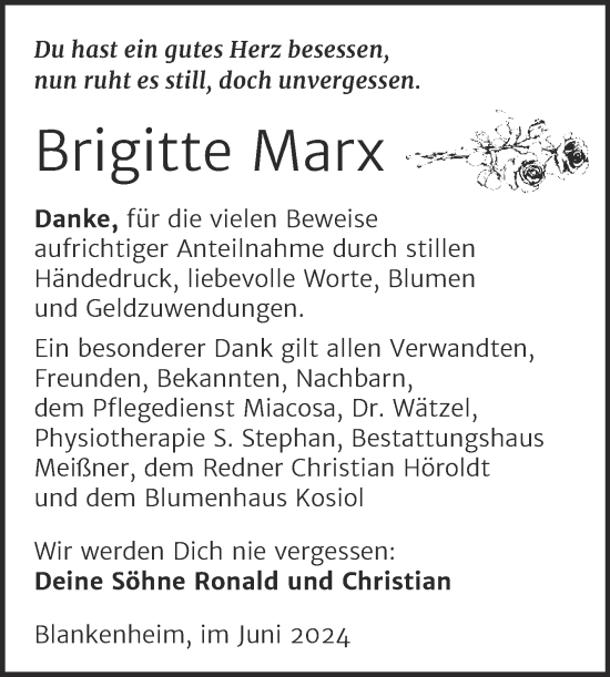 Traueranzeige von Brigitte Marx von Trauerkombi Sangerhausen