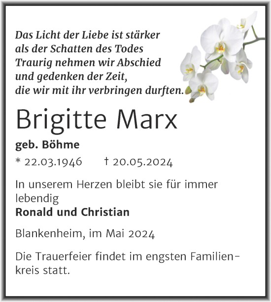 Traueranzeige von Brigitte Marx von Trauerkombi Sangerhausen