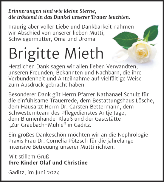 Traueranzeige von Brigitte Mieth von Trauerkombi Wittenberg