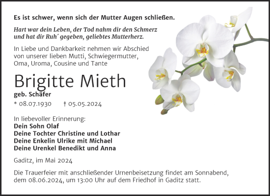 Traueranzeige von Brigitte Mieth von Trauerkombi Wittenberg