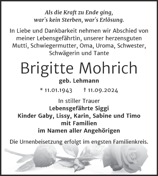 Traueranzeige von Brigitte Mohrich von Trauerkombi Bernburg