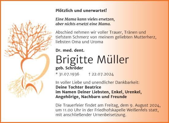 Traueranzeige von Brigitte Müller von Trauerkombi Weißenfels