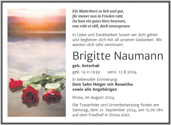Traueranzeige von Brigitte Naumann von Trauerkombi Köthen