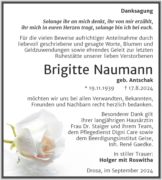 Traueranzeige von Brigitte Naumann von Trauerkombi Köthen