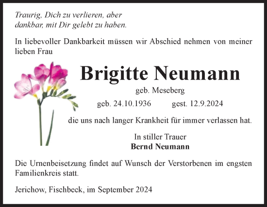 Traueranzeige von Brigitte Neumann von Volksstimme Altmark Ost