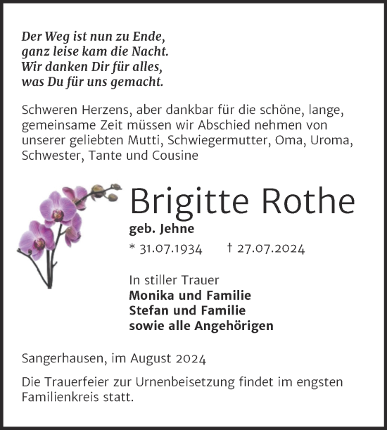 Traueranzeige von Brigitte Rothe von Trauerkombi Sangerhausen