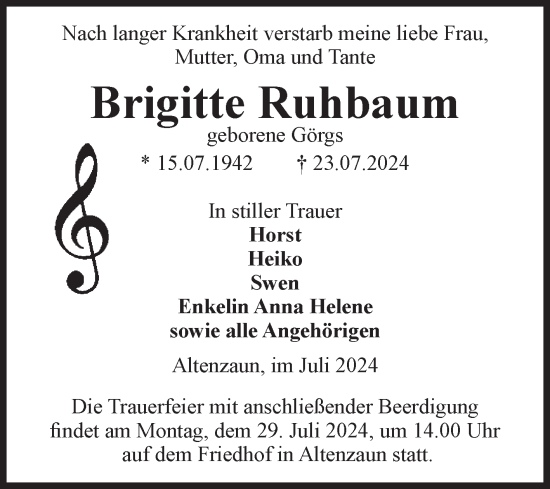 Traueranzeige von Brigitte Ruhbaum von Volksstimme Altmark Ost