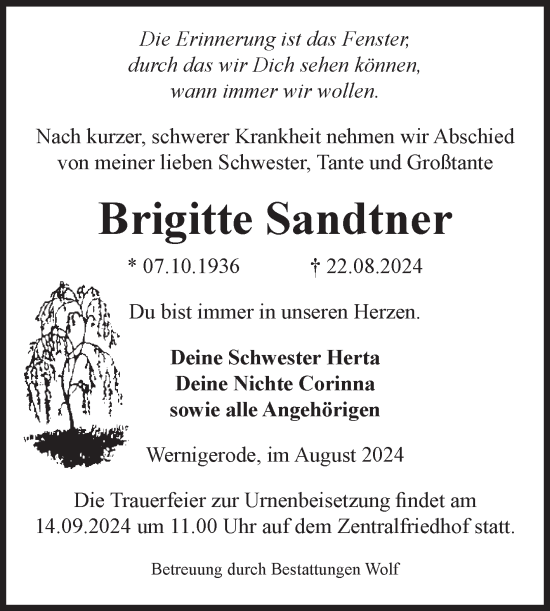 Traueranzeige von Brigitte Sandtner von Volksstimme Wernigerode