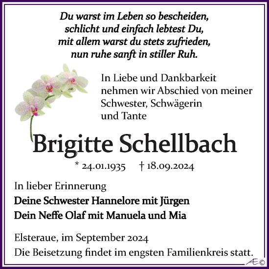Traueranzeige von Brigitte Schellbach von Trauerkombi Zeitz