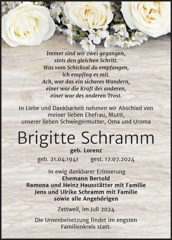 Traueranzeige von Brigitte Schramm von Trauerkombi Zeitz