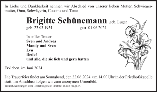 Traueranzeige von Brigitte Schünemann von Volksstimme Haldensleben/Wolmirstedt