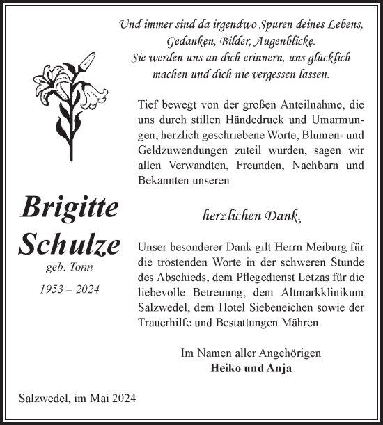 Traueranzeige von Brigitte Schulze von Volksstimme Altmark West
