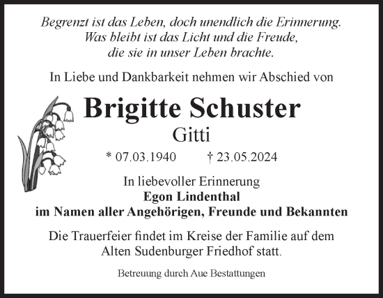 Traueranzeige von Brigitte Schuster von Volksstimme Magdeburg