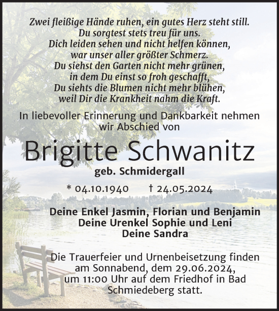 Traueranzeige von Brigitte Schwanitz von Trauerkombi Wittenberg