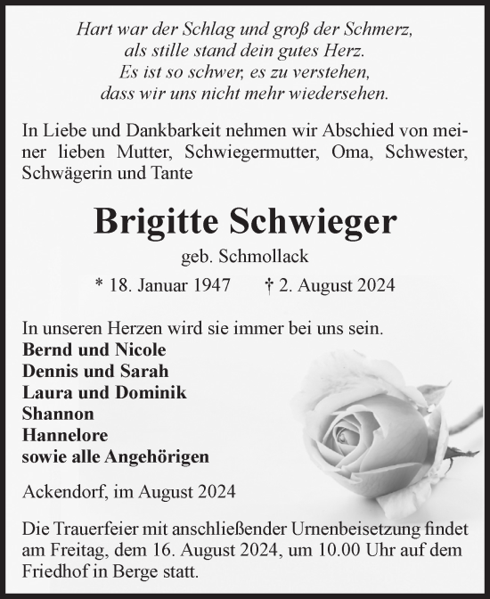 Traueranzeige von Brigitte Schwieger von Volksstimme Altmark West
