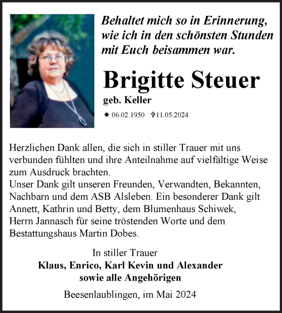 Traueranzeige von Brigitte Steuer von Trauerkombi Bernburg