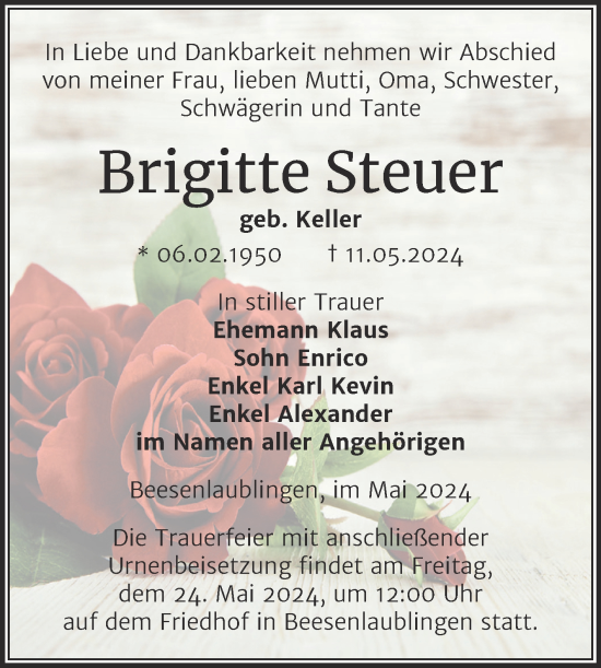 Traueranzeige von Brigitte Steuer von Trauerkombi Bernburg