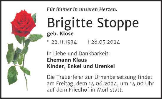 Traueranzeige von Brigitte Stoppe von Mitteldeutsche Zeitung Halle/Saalkreis