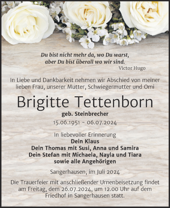 Traueranzeige von Brigitte Tettenborn von Trauerkombi Sangerhausen