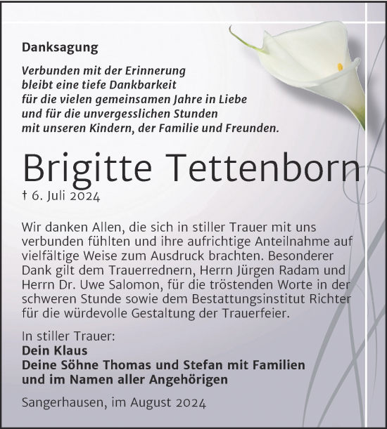 Traueranzeige von Brigitte Tettenborn von Trauerkombi Sangerhausen