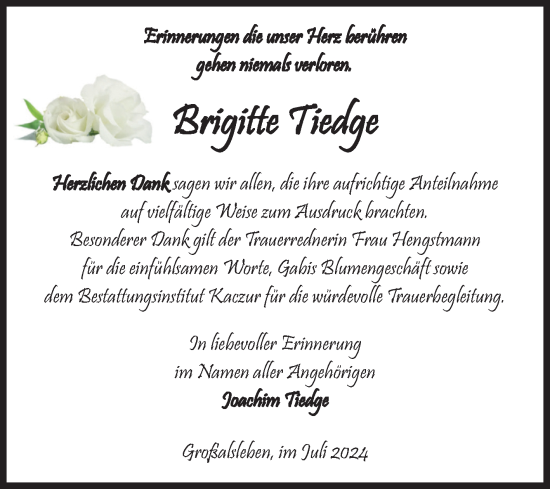 Traueranzeige von Brigitte Tiedge von Volksstimme Oschersleben/Wanzleben