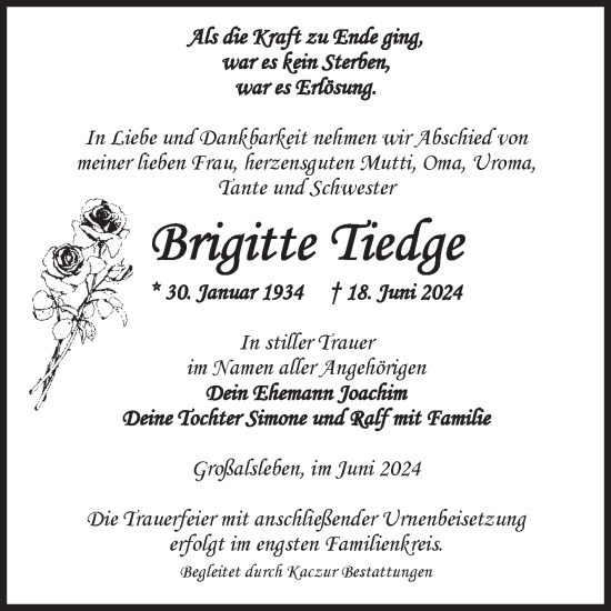 Traueranzeige von Brigitte Tiedge von Volksstimme Oschersleben/Wanzleben