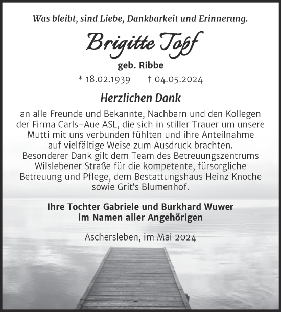 Traueranzeige von Brigitte Topf von Trauerkombi Aschersleben