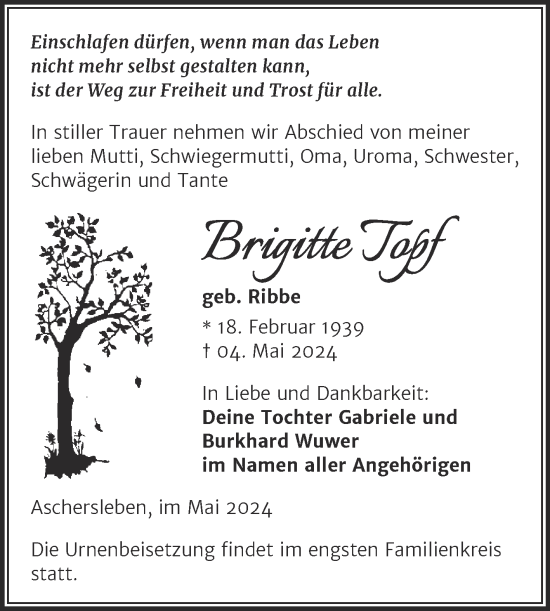 Traueranzeige von Brigitte Topf von Trauerkombi Aschersleben