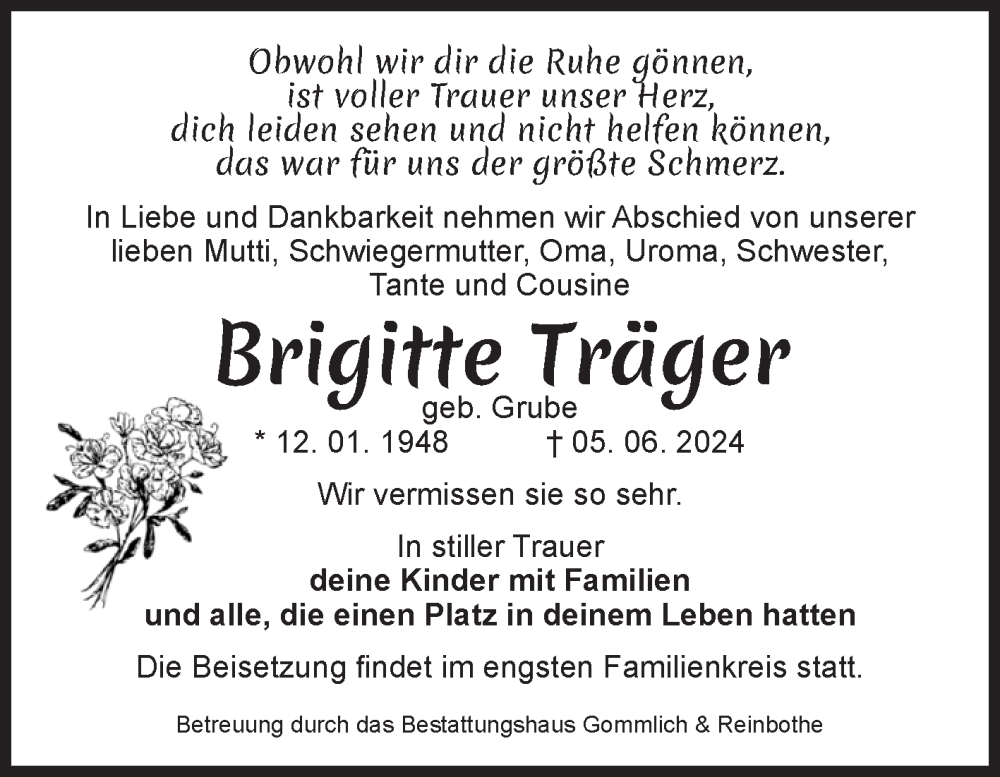  Traueranzeige für Brigitte Träger vom 08.06.2024 aus Volksstimme Zerbst