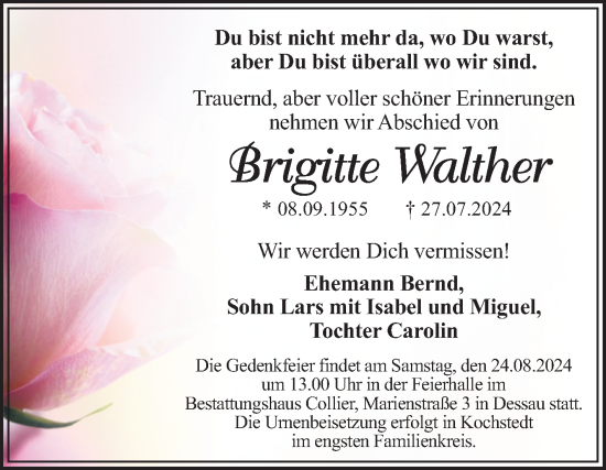 Traueranzeige von Brigitte Walther von Trauerkombi Dessau