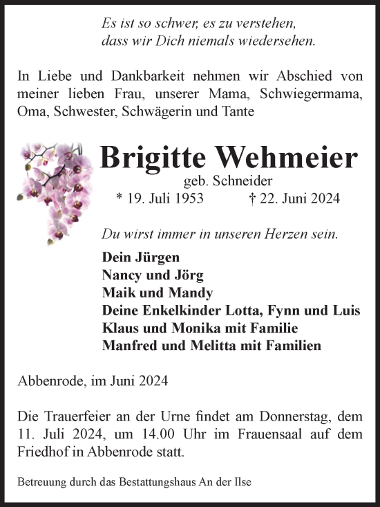 Traueranzeige von Brigitte Wehmeier von Volksstimme Wernigerode