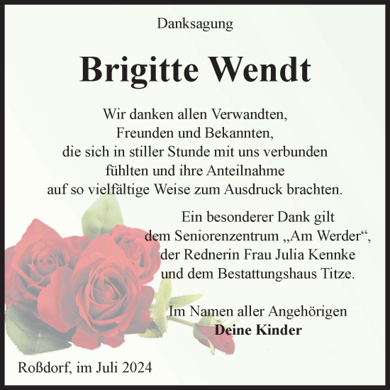 Traueranzeige von Brigitte Wendt von Volksstimme Burg/Genthin