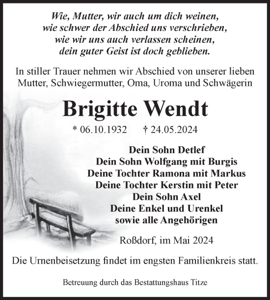 Traueranzeige von Brigitte Wendt von Volksstimme Burg/Genthin