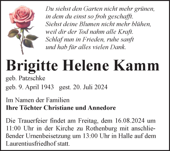 Traueranzeige von Brigitte Helene Kamm von Mitteldeutsche Zeitung Halle/Saalkreis