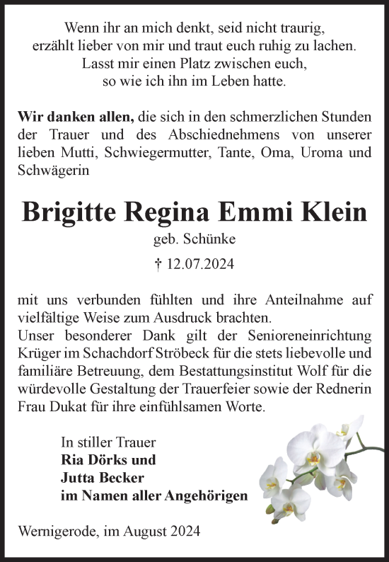 Traueranzeige von Brigitte Regina Emmi Klein von Volksstimme Staßfurt