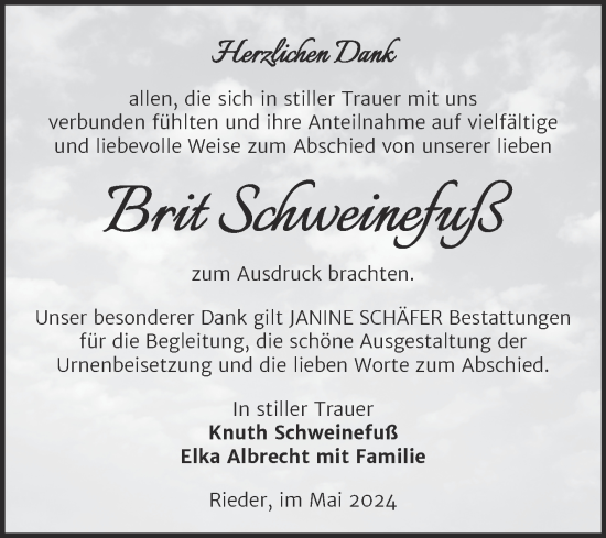 Traueranzeige von Brit Schweinefuß von Trauerkombi Quedlinburg