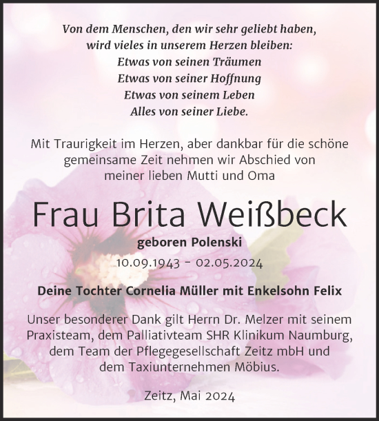 Traueranzeige von Brita Weißheck von Trauerkombi Zeitz