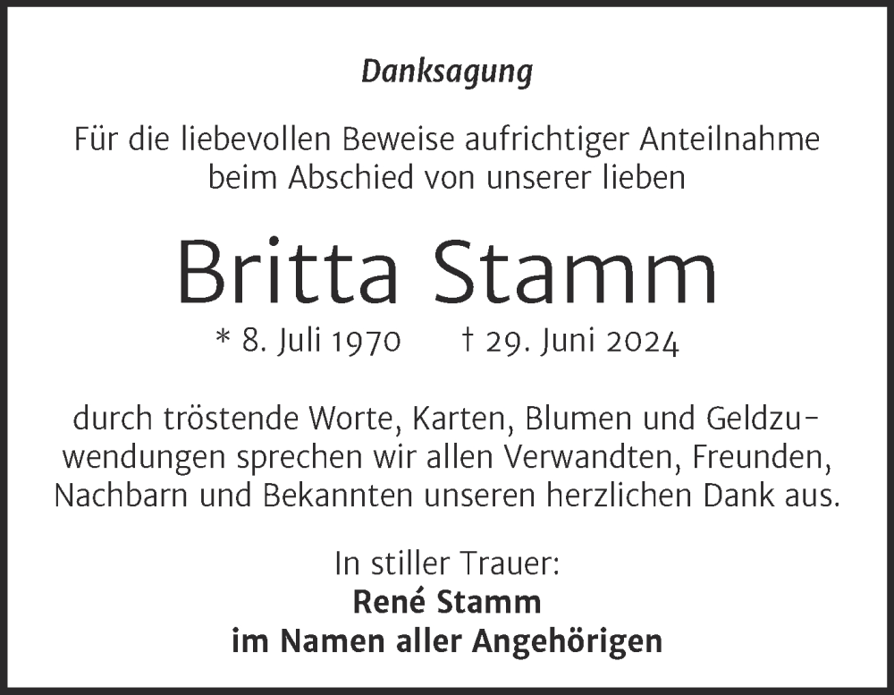  Traueranzeige für Britta Stamm vom 03.08.2024 aus Trauerkombi Mansfelder Land