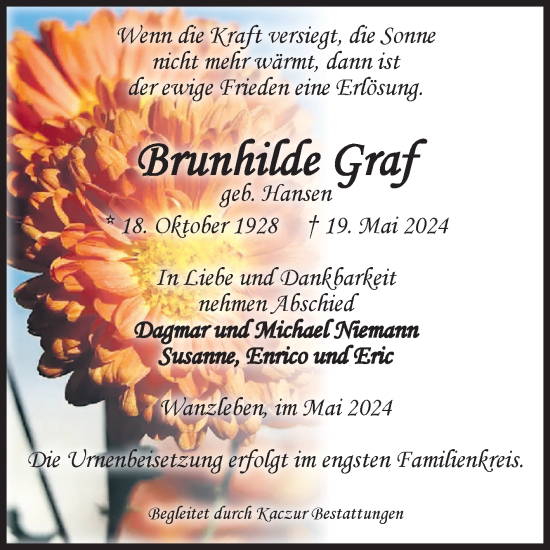 Traueranzeige von Brunhilde Graf von Volksstimme Oschersleben/Wanzleben