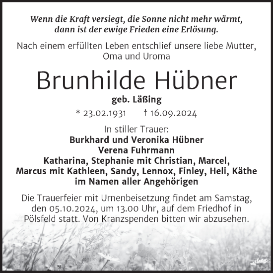 Traueranzeige von Brunhilde Hübner von Trauerkombi Sangerhausen