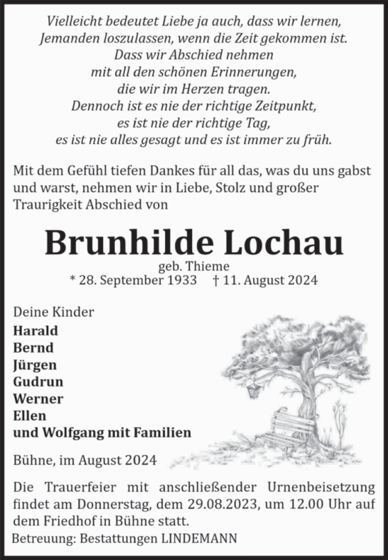 Traueranzeige von Brunhilde Lochau von Volksstimme Halberstadt