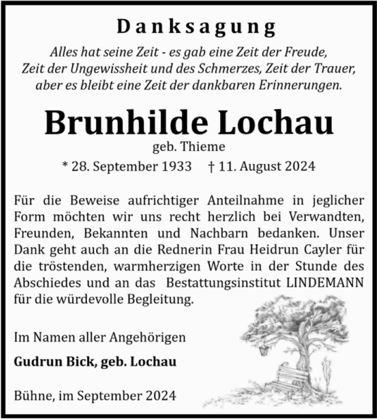 Traueranzeige von Brunhilde Lochau von Volksstimme Halberstadt