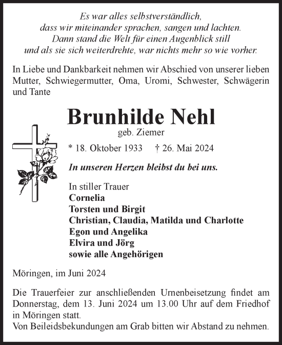 Traueranzeige von Brunhilde Nehl von Volksstimme Altmark Ost